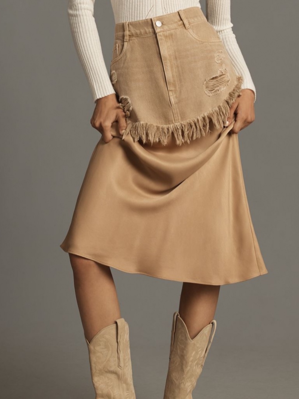 Anthropologie Pilcro Twofer Slip Tan Denim Midi Skirt Size 8 - Picture 3 of 8